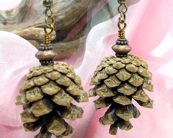 Scots Pinecone Earrings - Antique Brass Hooks & Beads, Natural Woodland Jewelry