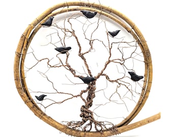 Tree of Life and Seven Crows in Copper Wire on a Natural Wood Hoop