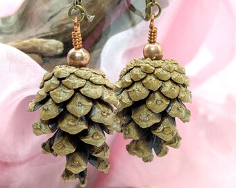 Scots Pinecone Earrings - Antique French Hooks & Rose Gold Beads, Natural Woodland Jewelry
