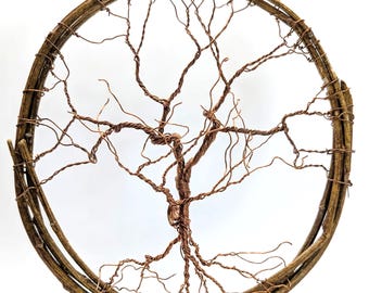 Tree of Life Copper Wire on Natural Wood Hoop