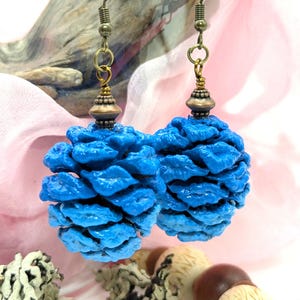 Blue Sequoia Cone Earrings - Antique Brass French Hooks & Beads, Natural Woodland Jewelry