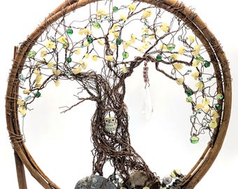 Tree of Life Owl on Bejeweled Copper Tree in Natural Wood Hoop