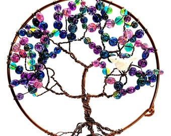 Tree of Life White Bird in Blue and Purple Glass Bead Copper Hoop