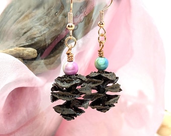Metasequoia Cone Earrings - Rose Gold Hooks, Pink & Blue 3D Miracle Beads, Woodland Jewelry
