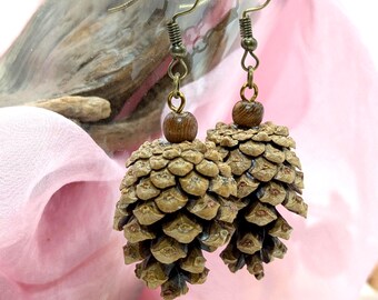 Scots Pinecone Earrings - Antique Brass Hooks & Wooden Beads, Natural Woodland Jewelry