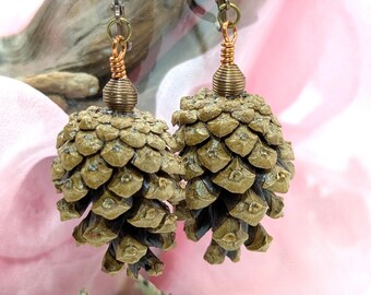 Scots Pinecone Earrings - Rose Gold Hooks & Copper Wire Beads, Natural Woodland Jewelry