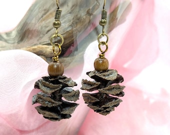 Metasequoia Cone Earrings - Antique Hooks & Wood Beads, Natural Woodland Jewelry