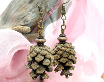 Scots Pinecone Earrings - Antique Brass Hooks & Beads, Natural Woodland Jewelry
