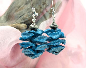Blue Metasequoia Cone Earrings - Silver Hooks & Beads, Natural Woodland Jewelry