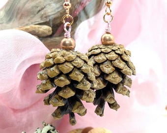 Scots Pinecone Earrings - Rose Gold Hooks & Beads, Natural Woodland Jewelry