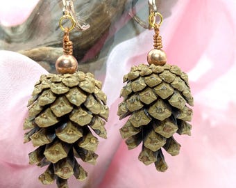 Scots Pinecone Earrings - Gold French Hooks & Rose Gold Beads, Natural Woodland Jewelry