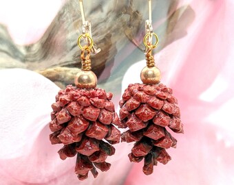 Red Scots Pinecone Earrings - Gold French Hooks & Rose Gold Beads, Natural Woodland Jewelry