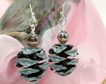 Silver Metasequoia Cone Earrings - Silver Hooks & Glass Beads, Natural Woodland Jewelry