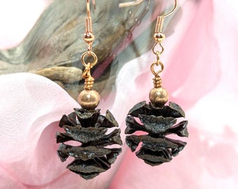 Metasequoia Cone Earrings - Rose Gold Hooks & Beads, Natural Woodland Jewelry
