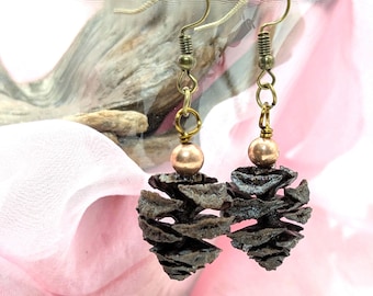 Metasequoia Cone Earrings - Antique Hooks & Rose Gold Beads, Natural Woodland Jewelry