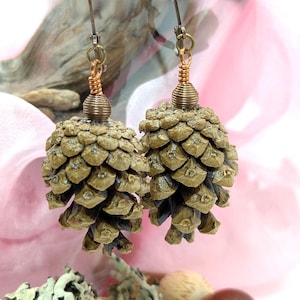 Puede incluir: Pendientes hechos a mano con colgantes de piñas. Los pendientes tienen ganchos para las orejas de color bronce y detalles de alambre de cobre. Las piñas son de color marrón natural, con una superficie texturizada. El fondo es rosa suave.