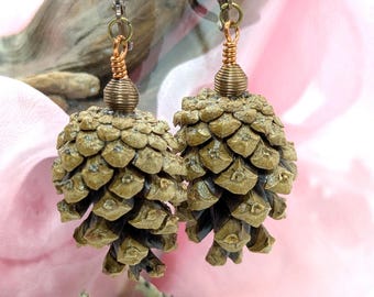 Scots Pinecone Earrings - Antique French Hooks & Copper Wire Beads, Natural Woodland Jewelry