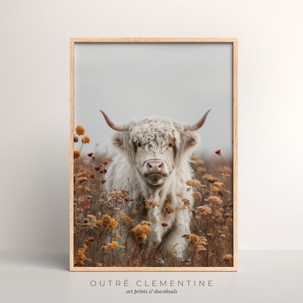 Highland Cow | Vintage Portrait Digital Art | PRINTABLE | 300dpi | Rural Rose Farm Art, Field, Nature Photography, Instant Download
