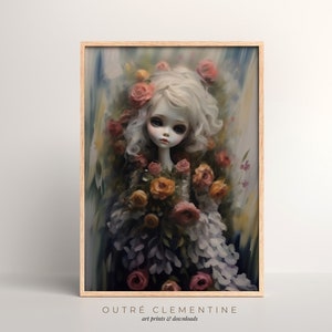 May include: A white porcelain doll with blue eyes and blonde hair, surrounded by pink and yellow roses. The doll is wearing a white dress with a floral pattern. The background is a blurred painting of a blue and green landscape.