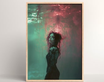 Woman Underwater | Fantasy Portrait Digital Art | PRINTABLE | 300dpi | Dark Gothic Ethereal Art, Lace Dress, Pink, Green | Instant Download