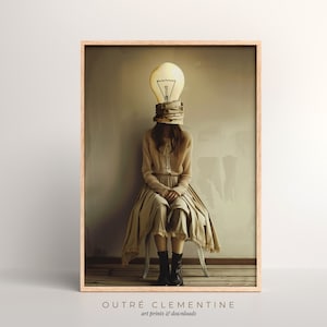 Mujer con idea / Retrato único en arte digital / IMPRIMIBLE / 300 ppp / Arte gótico oscuro, bombilla, arte fotográfico vintage / Descarga instantánea