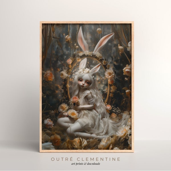 Mythical Doll | Fantasy Portrait Digital Art | PRINTABLE | 300dpi | Dark Forest Painting, Flower Garden, Bunny Nymph, Instant Download