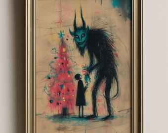 Könnte beinhalten: Gerahmte Illustration. Eine große, dunkle Figur mit Hörnern und blauem Gesicht bietet einem Kind in der Nähe eines rosa Weihnachtsbaums ein Geschenk an. Das Kunstwerk hat eine Vintage-Ästhetik mit einem goldenen Rahmen.