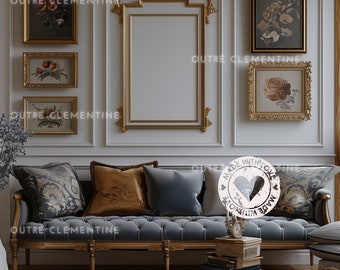 Light Wall Multi-Frame Mockup | Classic Goth Mockup | Antique Mock Up | Sofa Books Candles | Unique Academia Frame Mockup | Instant Download
