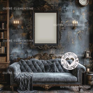 Dunkler Wandrahmen Mockup | Gothic Kunst Mockup | Antik MockUp | Sofa Bücher Kerzen | Unikat Academia Rahmen | Sofort Download