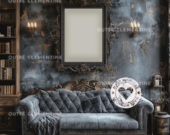 Mockup di cornice da parete scura / Mockup di arte gotica / Mockup antico / Candele per libri e divani / Mockup di cornice accademica unica / Download immediato