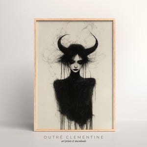 Gothic Dark Art Print - Demon Girl with Horns, Occult Wall Decor, Black and White Mystical Fantasy Artwork | Instant Download, 300dpi