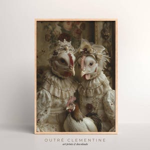 Regal Huhn Portrait, Surreale Anthropomorphe Henne Schwestern in Roben, Viktorianische Bauernhaus Dekoration, printable Download