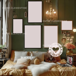May include: A bedroom interior with a bed with a white faux fur throw and a yellow and brown duvet. There are several framed pictures on the wall, including one with the text "Made with Love".