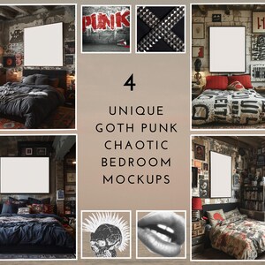 May include: Four unique bedroom mockups with a goth punk chaotic theme. Each mockup features a different bedroom with a black, white, and red color scheme. The bedrooms are decorated with various items, including posters, artwork, and furniture. The mockups are perfect for showcasing your designs or products.