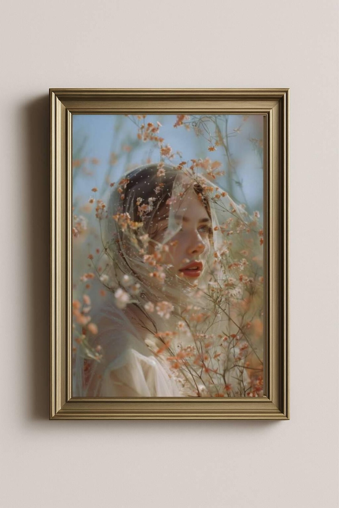 Ethereal Veil Woman Art Print | Cottagecore Floral Portrait Wall Art ...