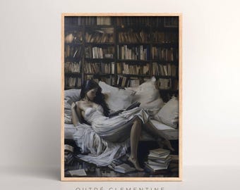 May include: A woman in a white dress sits on a couch, reading a book. The couch is in a room with a large bookshelf filled with books. The room is dimly lit, and the woman's face is obscured by the book.