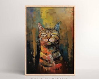 Colorful Cat Art - Abstract Feline Painting, Happy Cat Portrait, Vibrant Modern Animal Artwork, Cat Lover Gift, Bold and Bright Wall Decor
