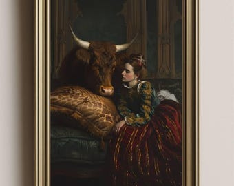 Victorian Mourning Woman & Rooster Art Print | Dark Academia Surreal Gothic Wall Art