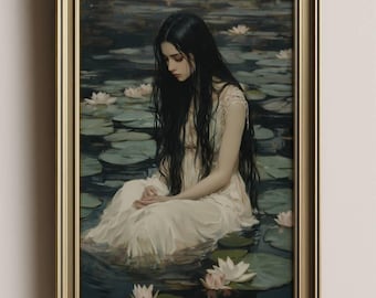 Ophelia-Inspired Art Print | Gothic Water Lily Portrait, Dark Academia Wall Art, Moody Lake Girl Aesthetic, Romantic Vintage Decor
