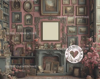 Dark Pink Wall Frame Mockup | Elaborate Mockup | Antique Mock Up | Gothic Multiframe Mantel Candles | Unique Frame Mockup | Instant Download
