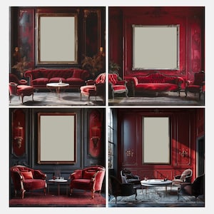 May include: Four different rooms with red walls and gold trim. Each room has a large, ornate mirror with a plain, light gray frame. The rooms are furnished with red velvet furniture, including sofas, armchairs, and coffee tables.