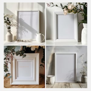 May include: Four white picture frames of different sizes on various surfaces. The frames are empty and ready for photos or artwork. The frames are on a white surface, a wooden surface, and a gray surface.