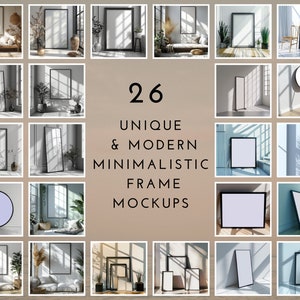 Könnte beinhalten: 26 einzigartige und moderne minimalistische Rahmen-Mockups. Die Mockups zeigen verschiedene Rahmen-Stile und -Größen, darunter quadratische, rechteckige und runde Rahmen. Die Rahmen werden in verschiedenen Umgebungen gezeigt, wie z. B. einem Wohnzimmer, einem Schlafzimmer und einem Büro. Die Mockups sind perfekt, um Ihre Kunstwerke, Fotografien oder andere Designs zu präsentieren.