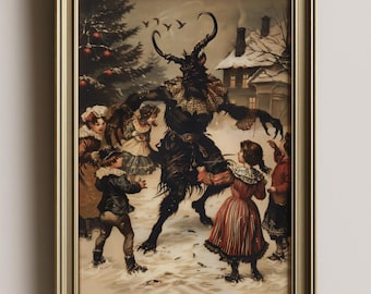 May include: Framed vintage print depicting a Krampus figure surrounded by children in a snowy winter scene. The Krampus is a dark, horned figure with a ruffled collar. Children in winter clothing are interacting with the Krampus near a snow-covered house and Christmas tree.