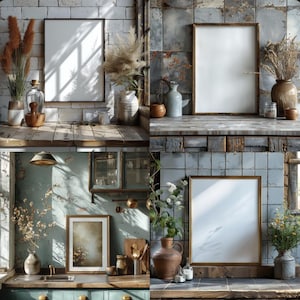 Puede incluir: Cuatro maquetas diferentes de marcos en blanco en varios entornos. Los marcos son todos rectangulares y tienen un fondo blanco. Los marcos están rodeados de varios objetos, incluidas plantas, jarrones y otros artículos decorativos. Los marcos están todos en un entorno rústico.