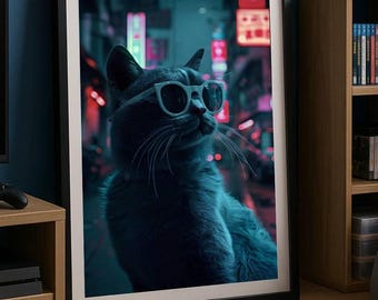 Neon Cat Art Print | Cyberpunk Vaporwave Wall Decor