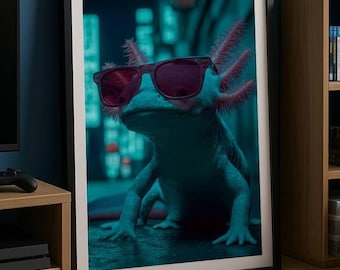 Impresión artística de ajolote ciberpunk / Decoración de pared de anfibios de neón / Póster retro de animales urbanos / Ajolote genial con gafas de sol / Arte de criatura futurista