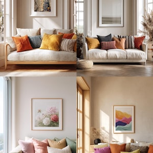 May include: A collection of four interior design scenes featuring sofas with decorative pillows and framed artwork. The color palettes include warm tones like orange and yellow, and cooler tones like blue and green, creating a cozy and inviting atmosphere.