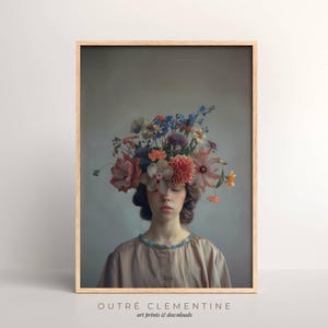 Floral Headpiece Portrait, Surreal Art Print, Botanical Fashion Illustration, Abstract Floral Art, Download, Modern Wall Art, Avant Garde