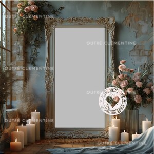 May include: A white ornate mirror with a distressed blue wall behind it.  There are candles and flowers in the scene.  The mirror has a heart-shaped sticker with the text "Made with Love".